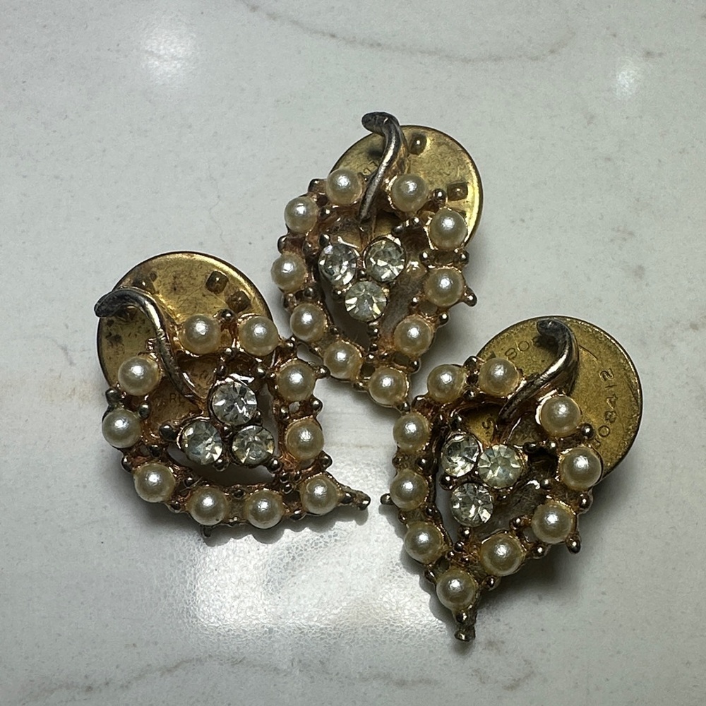 Vintage Rhinestone & Faux Pearl Gold-Tone Buttons (Set of 3)